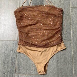 More to Come Strapless Sequin Mesh Bodysuit Brown Size Medium